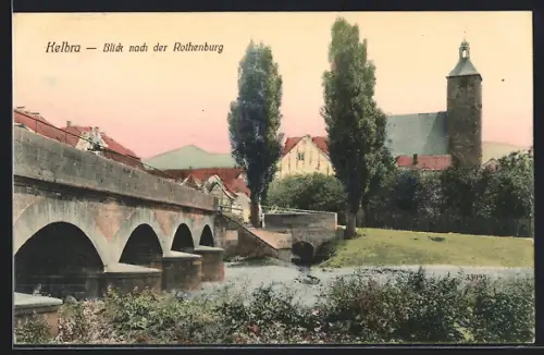 AK Kelbra, Blick nach der Rothenburg mit Flussbrücke