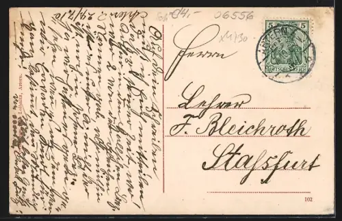 AK Artern, Rathaus mit Kriegerdenkmal