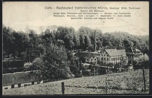 AK Mettmann, Blick zum Café-Restaurant Hellenbrucher Mühle im Sommer