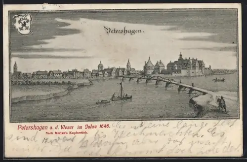 AK Petershagen a. d. Weser, Historische Stadtansicht von 1646 nach Merian
