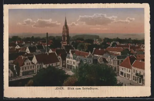 AK Jever, Blick vom Schlossturm mit Kirche