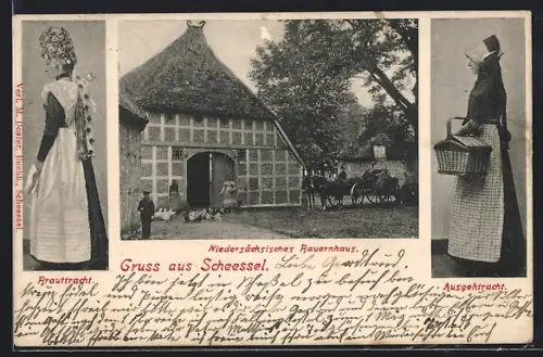 AK Scheessel, Niedersächsisches Bauernhaus, Frauen in Brauttracht und Ausgehtracht