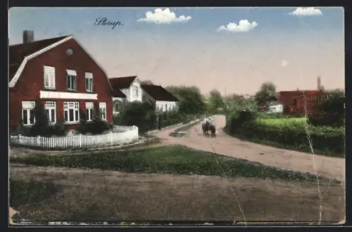 AK Sterup, Ortspartie mit Wohnhaus und Pferdefuhrwerk