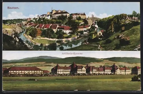 AK Bautzen, Stadtpanorama und Artillerie-Kaserne