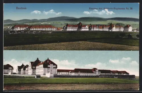 AK Bautzen, Kaserne des Artillerie-Regiments No. 28 aus zwei Perspektiven