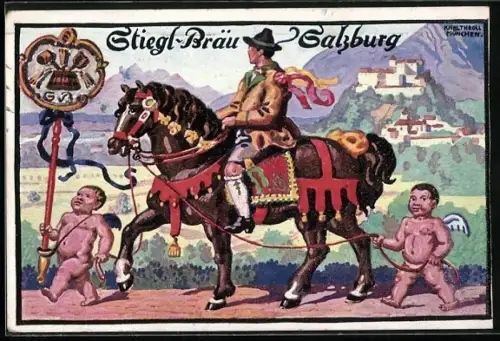 Künstler-AK Salzburg, Brauerei-Werbung Stiegl-Bräu, Mann auf seinem Pferd beim Festzug mit kleinen Engeln