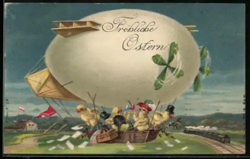 AK Osterei als Zeppelin mit Osterküken als Passagiere
