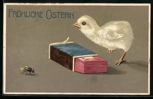 AK Osterküken mit Streichholzschachtel und Fliege, Ostergruss