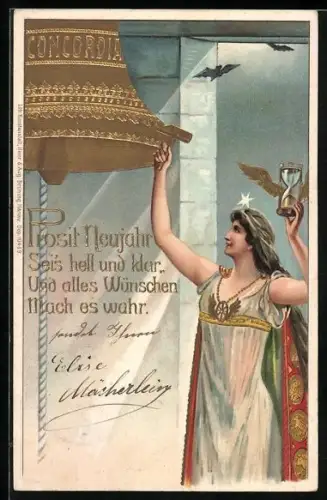 AK Prosit Neujahr im Jugendstil, Göttin läutet eine Glocke