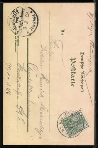 Lithographie Chasseurs / 2te Comp., Geburtstag Kaiser Wilhelm II. 1902, Portrait im Ehrenkranz, Wappen, Bajonett, Degen