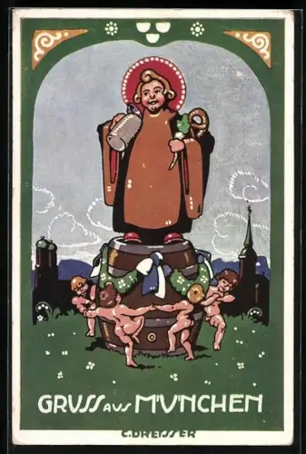 AK München, nackte Kinder tanzen um ein Bierfass mit Münchner Kindl drauf