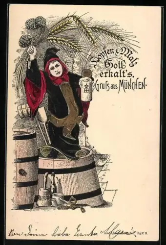 Präge-Lithographie Münchner Kindl mit Ähren, Hopfenblüten und Bierkrug auf einem Fass im Hofbräuhaus-Keller