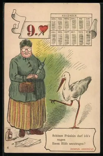 Lithographie Hebamme mit grosser Spritze und Storch, Jahreskalender