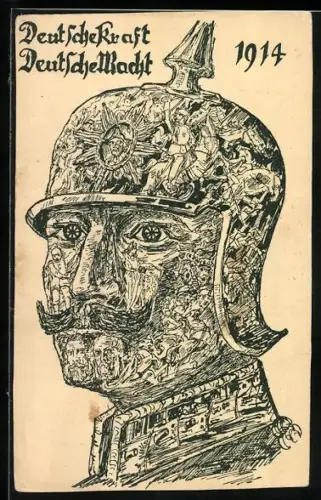 AK Deutsche Kraft, Deutsche Macht, Kaiser Wilhelm II., Portrait aus Schlachtenszenen, 1914