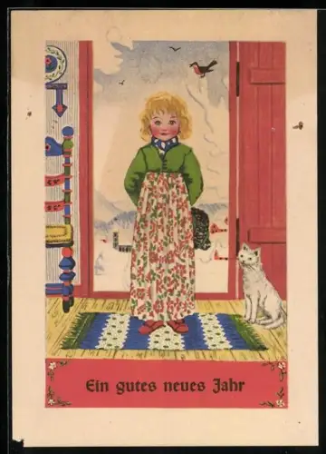 AK Ein gutes neues Jahr Mädchen mit Blumenrock und weisser Katze an der Tür