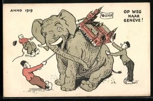 Künstler-AK Geneve, Op weg naar Geneve!, bockiger Elefant trägt ein Modell einer Burg