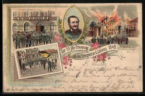 Lithographie 50 jähr. Erinnerung a.d. Ereignisse d. Jahres 1848, Ständehaus, Zerstörung d. Mauthäuser