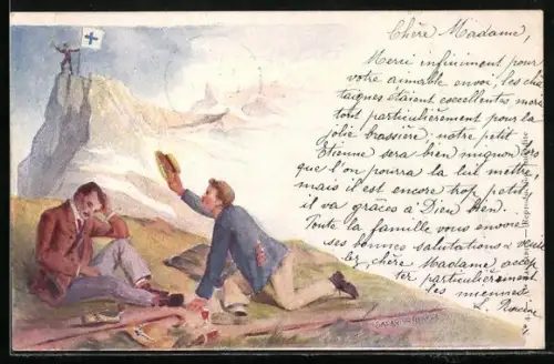 Lithographie Betrunkene Wanderer in den Bergen, Anti-Alkohol