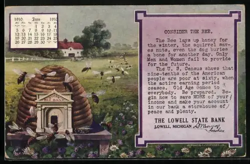 Lithographie Bienenstock Queen Bee Bank, Appell der Lowell State Bank