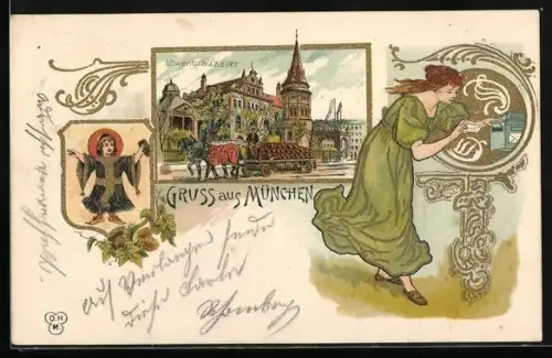 Lithographie München, Löwenbräukeller im Jugendstil-Passepartout mit Münchner Kindl und Frau am Briefkasten