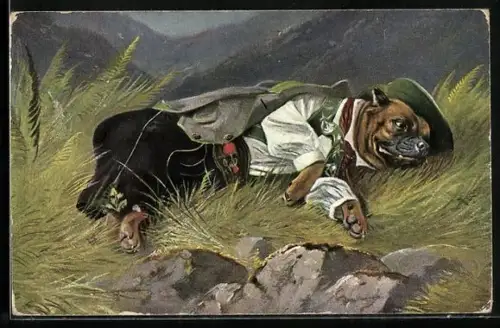 Künstler-AK Bulldogge in Tracht, vermenschlichte Tiere