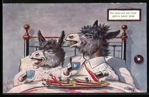 Künstler-AK sign. Ellam: Vermenschlichte Esel frühstücken mit Tablett im Bett