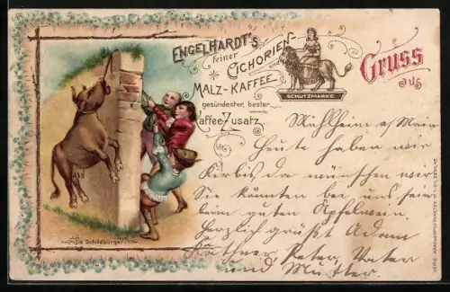 Lithographie Engelhardt`s Feiner Cichorien-Malz-Kaffee, Die Schildbürger