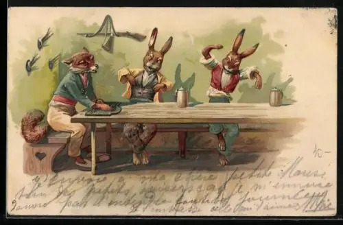 AK Fuchs mit Zither und Hasen am Tisch, vermenschlichte Tiere