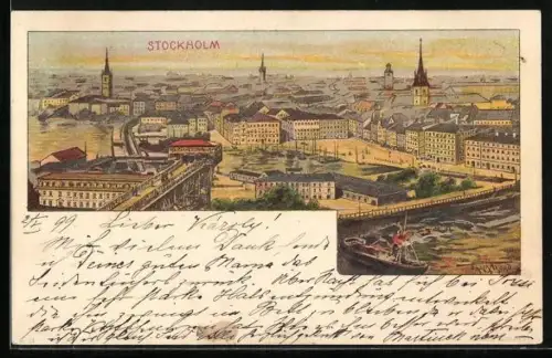 Lithographie Stockholm, Panoramablick auf die Stadt im Abendlicht