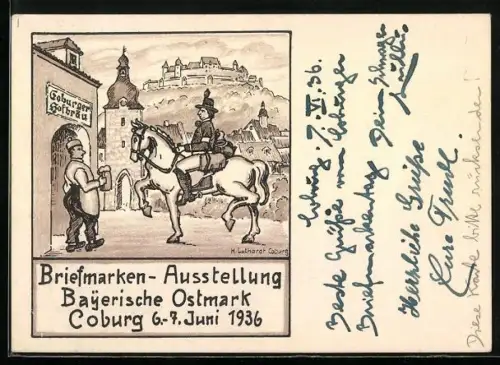 Künstler-AK Coburg, Briefmarken-Ausstellung Bayrische Ostmarkt 1936, Reiter vor dem Coburger Hofbräu