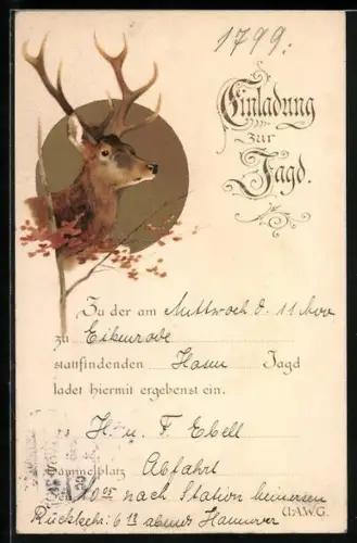 AK Jagdeinladung mit golden verziertem Hirsch