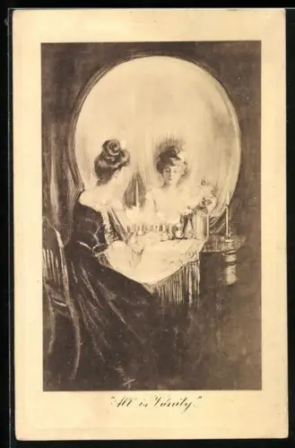 Künstler-AK All is Vanity, Junge Dame betrachtet sich im Totenkopf Spiegel