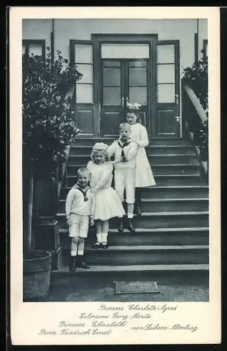 AK Prinzessinnen Charlotte Agnes und Elisabeth, Erzprinz Georg Moritz und Prinz Friedrich Ernst auf Treppenaufgang