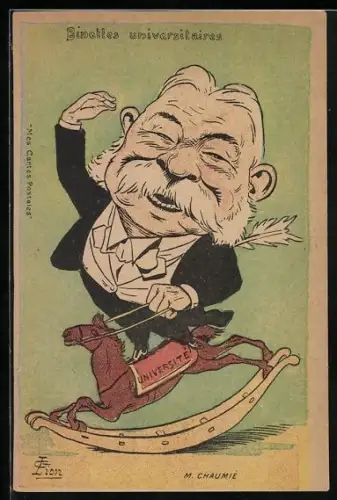 AK Joseph Chaumie als Fratze der Akademiker auf einem Schaukelpferd
