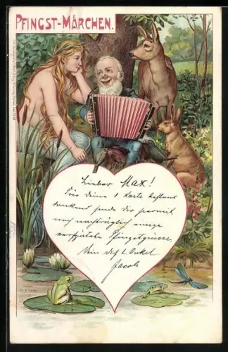 AK Pfingst-Märchen, Zwerg mit Akkordion, Nixe, Reh und Hase am Froschteich