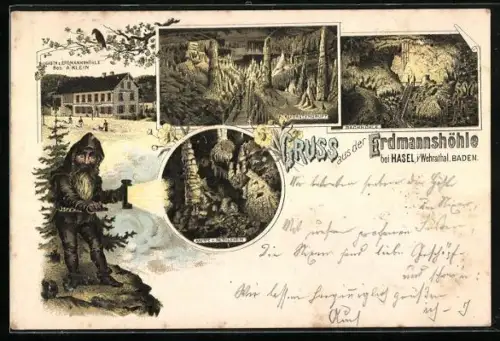 Lithographie Hasel i. Wehrathal, Gasthaus zur Erdmannshöhle, Fürstengruft, Bachhöhe und Krippe in der Höhle, Zwerg