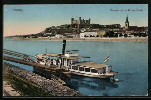 AK Pozsony, Donau-Partie mit Ortspanorama und Dampfer, Burg