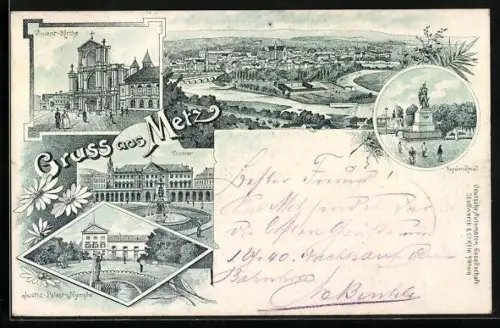 Lithographie Metz, Theater, Vincent-Kirche, Neydenkmal, Totalansicht