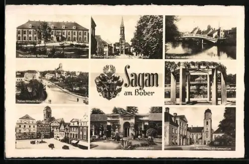 AK Sagan am Bober, Herzogliches Schloss, Barockhaus mit Gymnasium, Ludwigsgarten