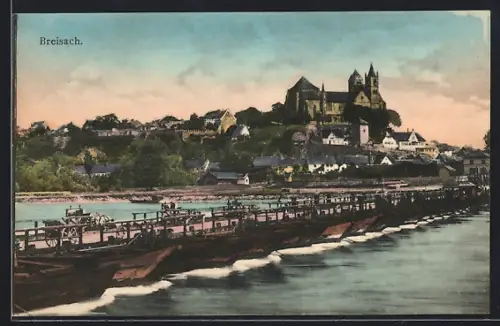 AK Breisach, Pontonbrücke über den Fluss mit Kirche im Hintergrund