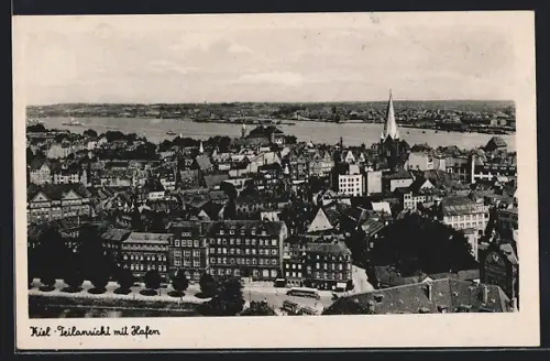 AK Kiel, Teilansicht aus Vogelperspektive mit Hafen