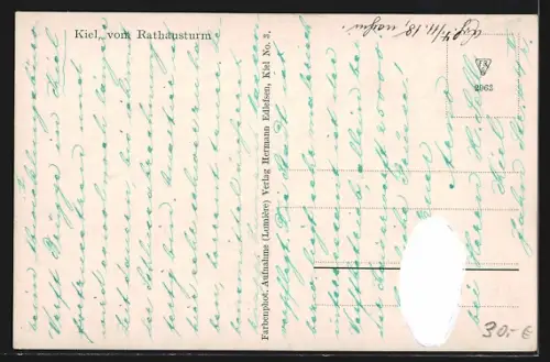 AK Kiel, Stadtansicht vom Rathausturm aus