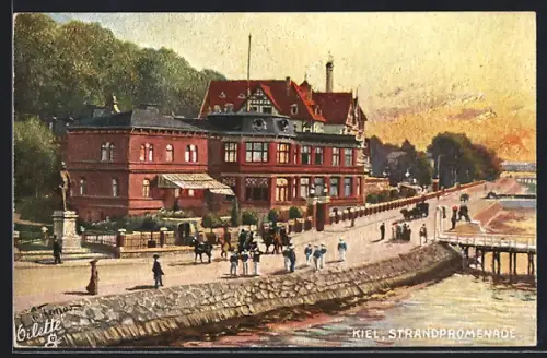 Künstler-AK Kiel, Passanten auf der Strandpromenade