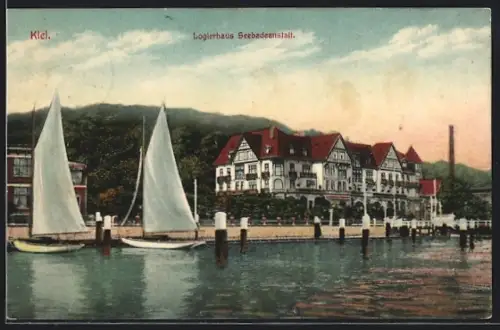 AK Kiel, Pension Logierhaus Seebadeanstalt vom Wasser mit Segelbooten