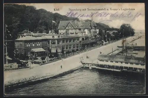 AK Kiel, Strandweg mit Seebadeanstalt und Pension Krupp`s Logierhaus