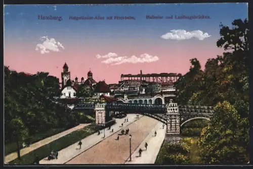 AK Hamburg-St. Pauli, Blick auf Helgoländer-Alle mit Hochbahn, Hafentor u. Landungsbrücken