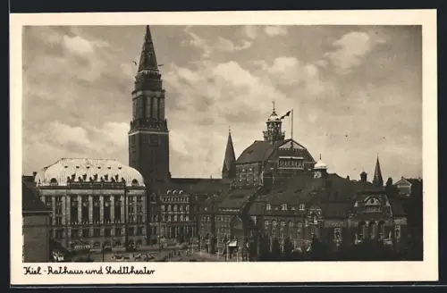 AK Kiel, Rathaus u. Stadttheater aus der Vogelschau