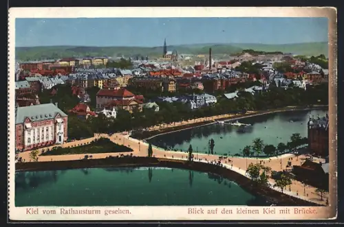AK Kiel, Blick auf den kleinen Kiel mit Brücke vom Rathausturm