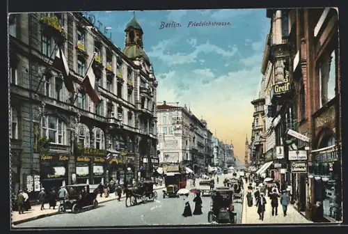AK Berlin, Friedrichstrasse, Strassenansicht mit Geschäften und Passanten