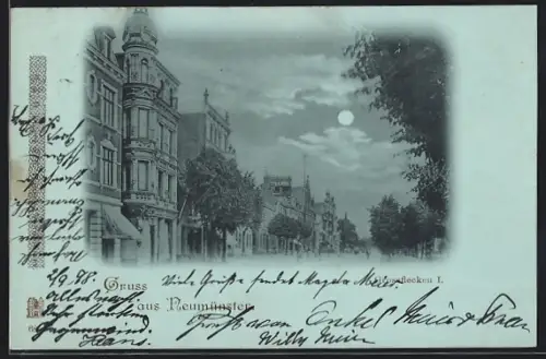 Mondschein-AK Neumünster, Strassenpartie Grossflecken I.